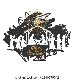 Biblical illustration. Christmas story. Mary and Joseph with the baby Jesus. Nativity scene near the city of Bethlehem. The shepherds and the wise men came to worship the Christ.