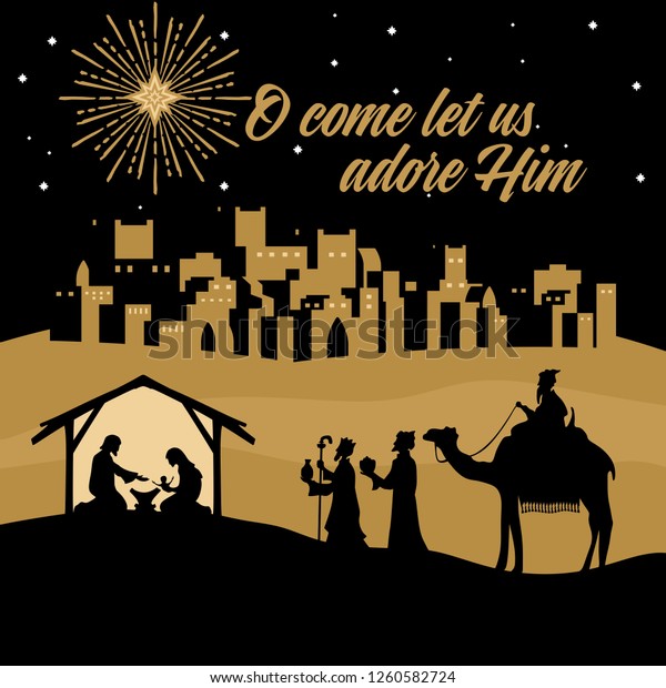 聖書のイラスト クリスマスのお話 マリアとヨセフと赤ん坊イエス ベツレヘム市近くのキリスト誕生のシーン 賢者 はキリストを崇拝しに行く のベクター画像素材 ロイヤリティフリー