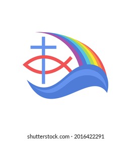 Biblical illustration. Cross of Jesus, fish and rainbow.