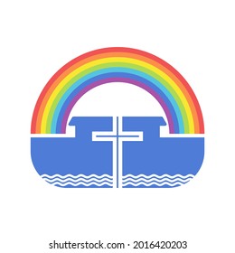 Biblical illustration. Cross on the background of the ark and the rainbow of the covenant.