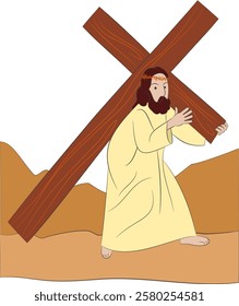 A biblical illustration of Jesus Christ carrying the cross. Biblical vector illustration on the way of the cross.