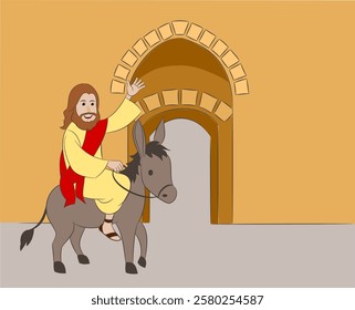 A biblical illustration of Jesus Christ riding a donkey with a gate in the background on his way into Jerusalem. Palm Sunday vector