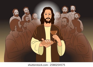 A biblical illustration of Jesus Christ took bread and wine with 12 apostolic disciples in the Last Supper before the crucifixion of the Son of God.