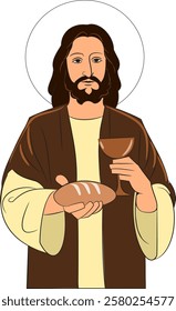 A biblical illustration of Jesus Christ took bread and wine at the Last Supper before the crucifixion of the Son of God.