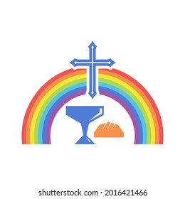 Biblical illustration. Jesus cross, symbols of the sacrament and rainbow of the covenant.