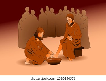 A biblical illustration of Jesus washed one disciple's feet while the others waited their turn.