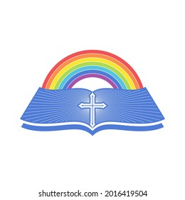 Biblical illustration. An open bible and a rainbow of the covenant.