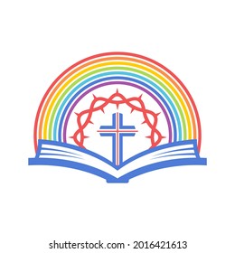 Biblical illustration. An open bible and a rainbow of the covenant.