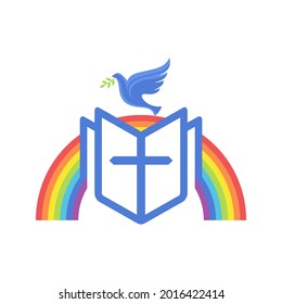 Biblical illustration. An open bible, a rainbow of the covenant, and a dove - a symbol of the Spirit.