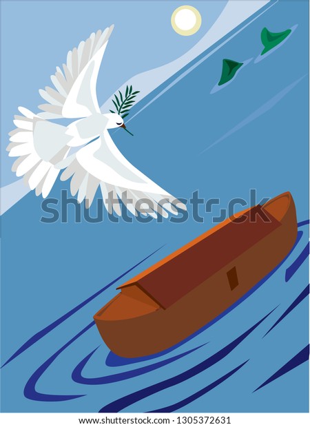 トレンディなフラットスタイルの聖書のイラストベクター画像 ノアの箱舟に戻る鳩がオリーブの枝を持つ姿を描く のベクター画像素材 ロイヤリティフリー