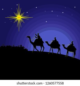 Biblical illustration. The wise men go to Bethlehem to worship the born baby Christ.