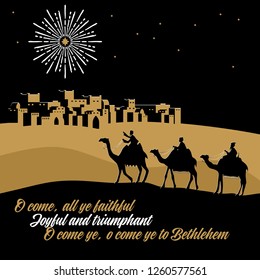 Biblical illustration. The wise men go to Bethlehem to worship the born baby Christ.