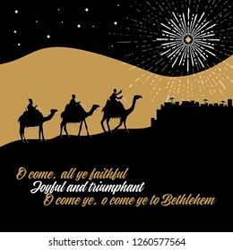 Biblical illustration. The wise men go to Bethlehem to worship the born baby Christ.