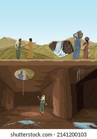 Biblical image depicting men in disbelief at empty, broken water cistern and women coming to collect water, while waterfall flows from rock in mountains -  Jeremiah 2:13.  