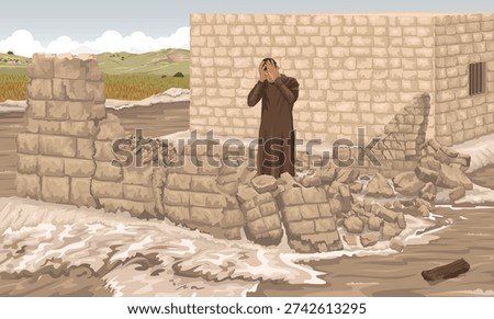 Biblical image illustrating parable of the two builders showing the foolish man's house in ruins around him in the midst of a flood, while the wise man's house still stands.