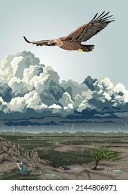 Biblical image showing an eagle flying high above a rain storm, with people down below struggling against the wind in desolate landscape, Isaiah 40:31