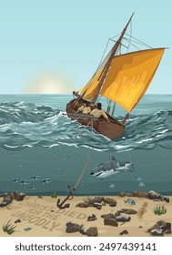 Biblical image showing sailing boat in choppy sea dropping anchor onto seabed so it rests on text Christ died for the ungodly from Romans 5:6.