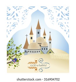 Biblical Jerusalem with olive tree bird sand and wheat