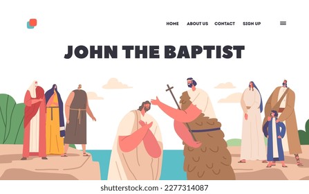 Biblical Landing Page Template with John The Baptist Baptizing Jesus In River With People Watch Vector Illustration