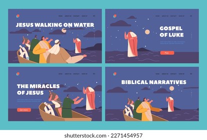 Biblical Landing Page Template Set. Jesus Walking On Water Surrounded By Waves And With His Disciples In Boat