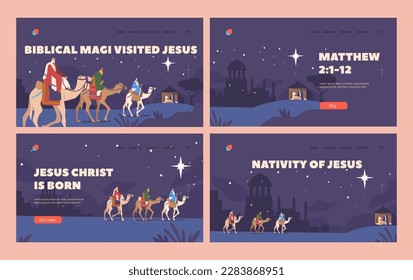 Biblical Magi Visited Jesus Landing Page Template Set. Characters On Camels Travel By Night To Visit Baby Jesus