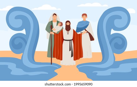 Biblical miracle of Moses prophet splitting the sea, flat vector illustration. Background with Old Testament Bible scene of Exodus israelites of Egypt.