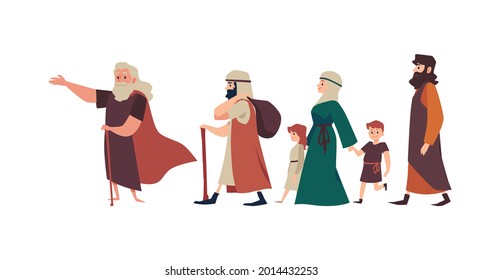 Biblical Moses prophet leading Jewish people from Egypt, flat vector illustration isolated on white background. Exodus israelites of Egypt of Old Testament of Bible.