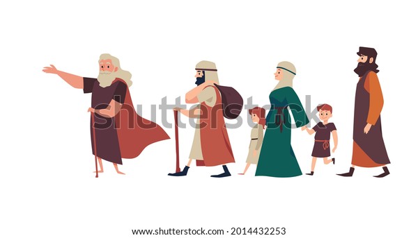 Biblical Moses prophet\
leading Jewish people from Egypt, flat vector illustration isolated\
on white background. Exodus israelites of Egypt of Old Testament of\
Bible.