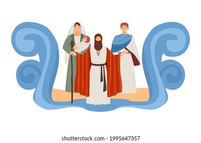 Biblical Moses prophet splitting the sea, flat vector illustration isolated on white background. Exodus israelites of Egypt scene of Old Testament of Bible.