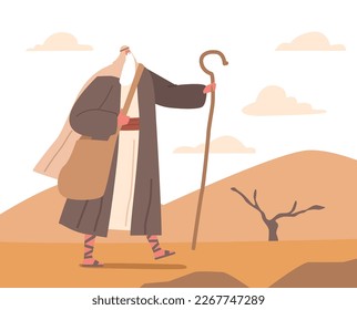 Biblical Moses Stands Tall In Desert Holding Staff Symbolizing Divine Guidance And Leadership For People On Journey. Prophet Character at Sand Dunes And Clouds Background. Cartoon Vector Illustration