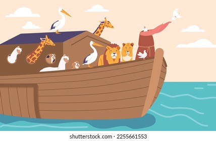 Biblical Narrative of Genesis Flood. Noah Character Releases Dove Standing on Ark. Domestic and Wild animals saved on Large Ship from Dangerous Water. Cartoon People Vector Illustration