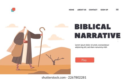 Biblical Narrative Landing Page Template. Moses Prophet Character Stands Tall In Desert Holding Staff Symbolizing Divine Guidance And Leadership For People On Journey. Cartoon Vector Illustration