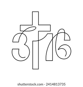 Biblical Phrase form John 3:16. Continuously one art line logo cross icon about God love. True Story, typography for print or use as poster, card, flyer