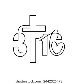 Biblical Phrase form John 3:16. Continuously one art line logo cross icon about God love. True Story, typography for print or use as poster, card, flyer