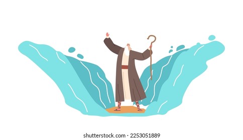 Biblical And Religion Series of Moses Exodus Route. Moses Held Out His Staff And The Red Sea Was Parted By God. Part Of Biblical Narrative Escape Israelites. Cartoon Vector Illustration