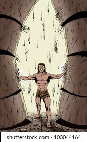 Biblical Samson pushing down the pillars