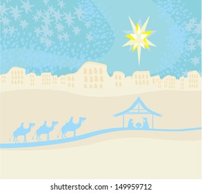 Biblical scene - birth of Jesus in Bethlehem. 