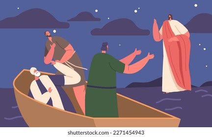 Biblical Scene Depicting Jesus Walking On Water, With His Apostles Sitting In Boat. Concept Of Faith And Miracles