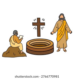biblical scene of holy figure teaching person near old water well fountain