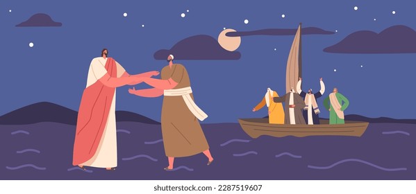 Biblical Scene Jesus And Peter Walk On Water While Apostles Sit In A Boat. The Image Depicts Faith, Miracles