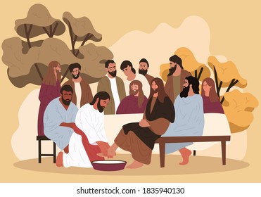 Biblical scene. Jesus washes the feet of the apostles. Flat cartoon vector illustration.