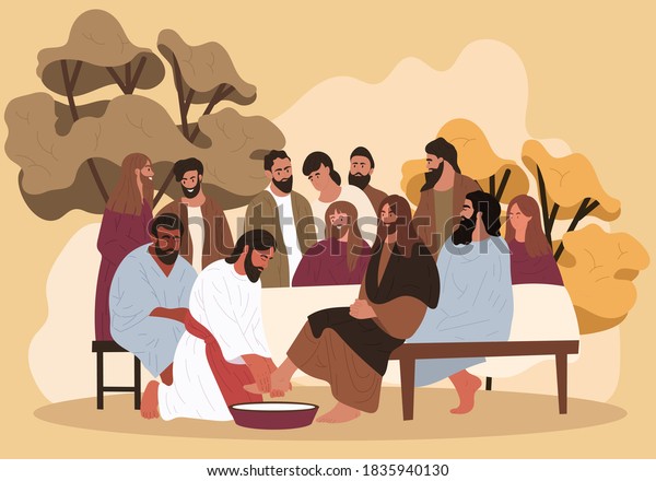 Biblical scene. Jesus washes the feet of the apostles. Flat cartoon vector illustration.