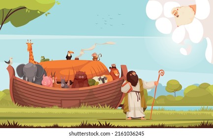 Biblical scene with noah talking with god near ark full of animals flat cartoon vector illustration