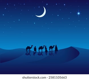 Biblical scene of the three wise men and the Christmas star. Vector art illustration