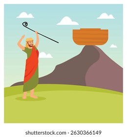 Uma cena bíblica onde Noé, segurando uma vara, aparece perto de uma arca posicionada no topo de uma montanha sob um céu azul brilhante com nuvens. Histórias e narrativas Conceito.