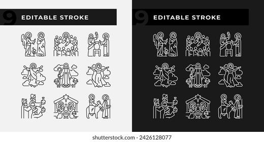 Biblical scenes linear icons set for dark, light mode. Jesus christ crucifixion. Happy ascension day. Thin line symbols for night, day theme. Isolated illustrations. Editable stroke