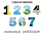 Biblical seven days, colorful numbers. Creation earth, sea, life. Educational religious series. Vector illustration. EPS 10.