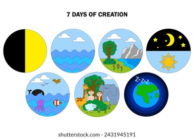 Siete días bíblicos de creación. De la luz al día de descanso. Ilustración vectorial. EPS 10.