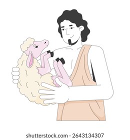 Biblical shepherd tenderly cradling lamb in arms 2D cartoon bible character. Old testament. Compassionate man in toga holding sheep flat vector person isolated on white. Spot illustration colorful