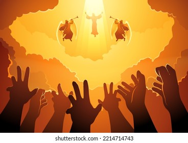 Biblical silhouette illustration series, God in the open sky with human hands trying to reach Him, judgement day, ascension day of Jesus Christ, vector illustration